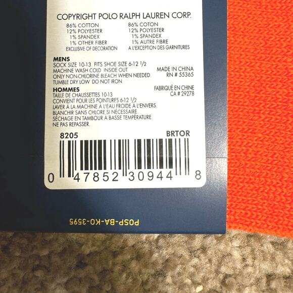New Classic Crew Cotton Polo Ralph Lauren Socks Mens Orange - Picture 3 of 3